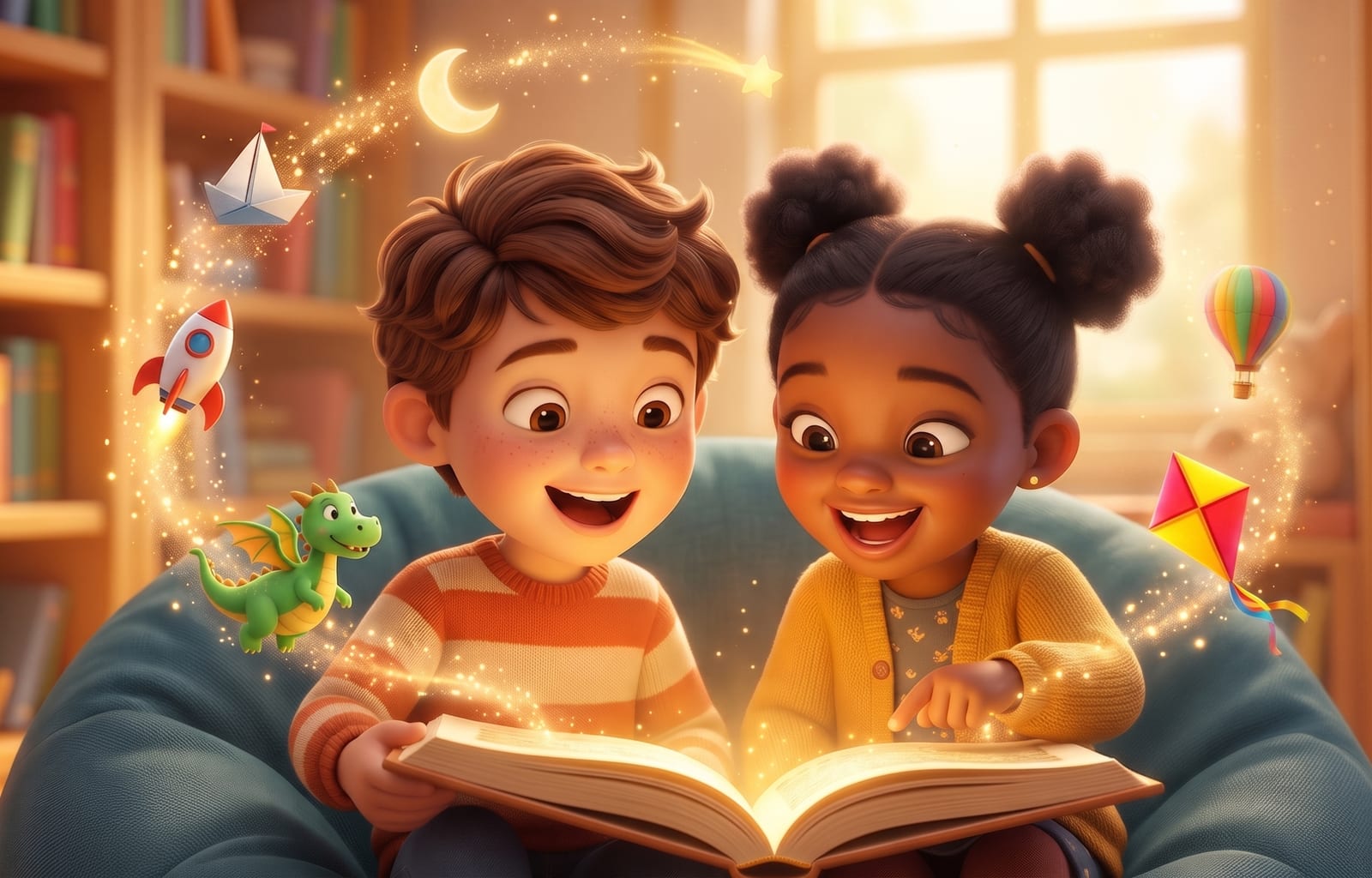 A boy and a girl reading a glowing storybook together in a magical library