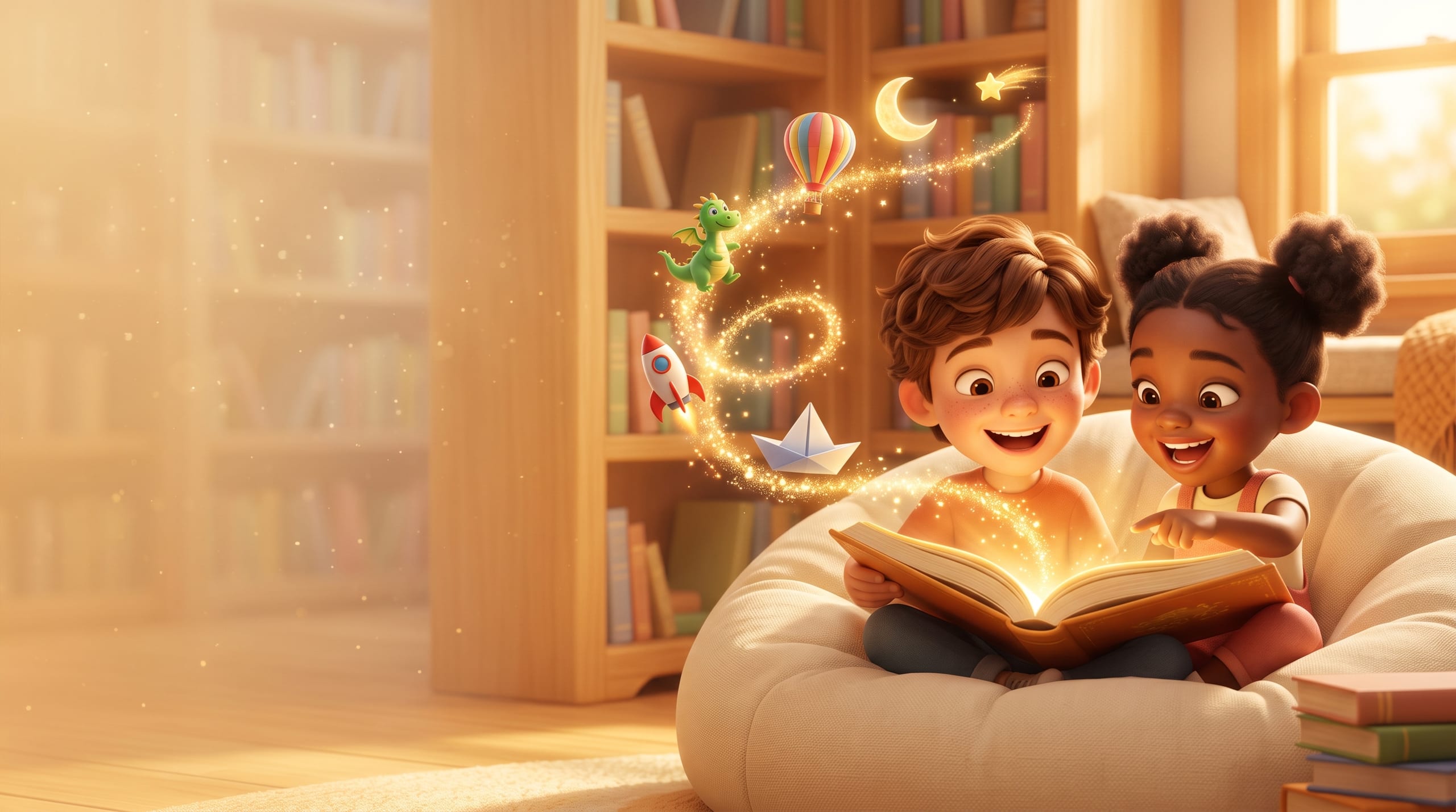 A boy and a girl reading a glowing storybook together in a magical library