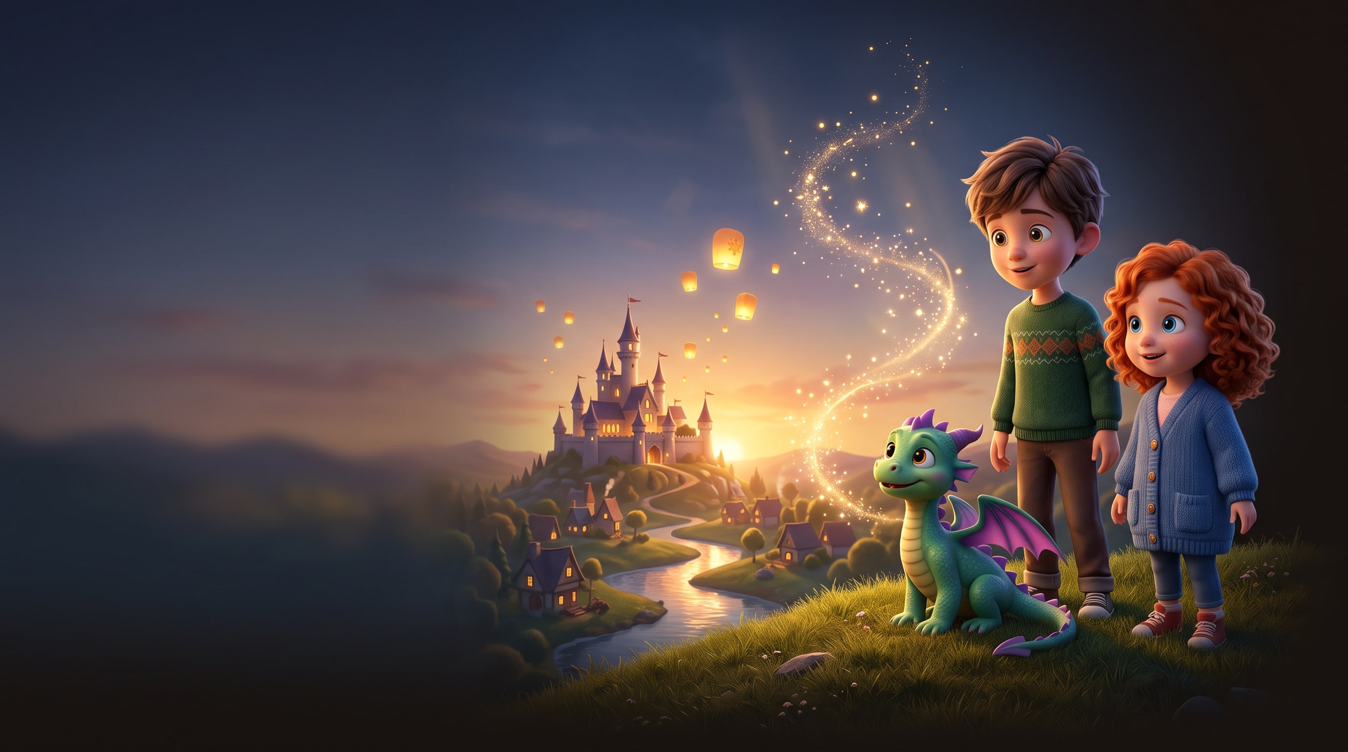 A boy and a girl with a friendly baby dragon looking out over a glowing storybook kingdom at dusk
